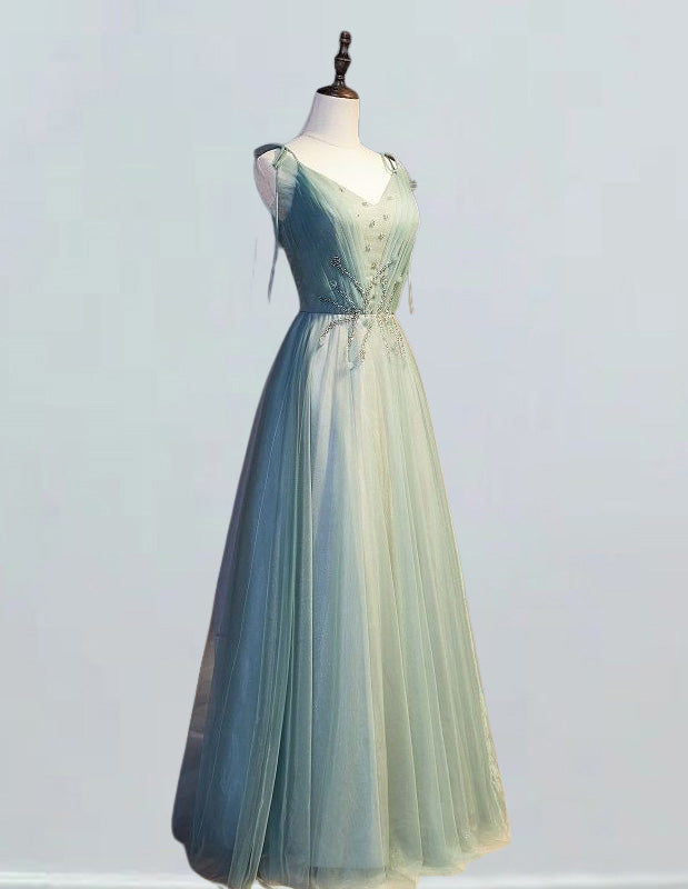 Mint Green Beaded V-Neck Tulle Prom Dress | Girls' Formal Evening Gown