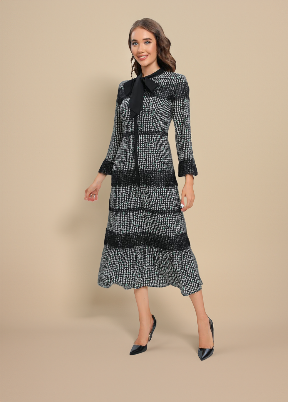 Classic Tweed Shift Dress with Bow Collar Detail - By Baano