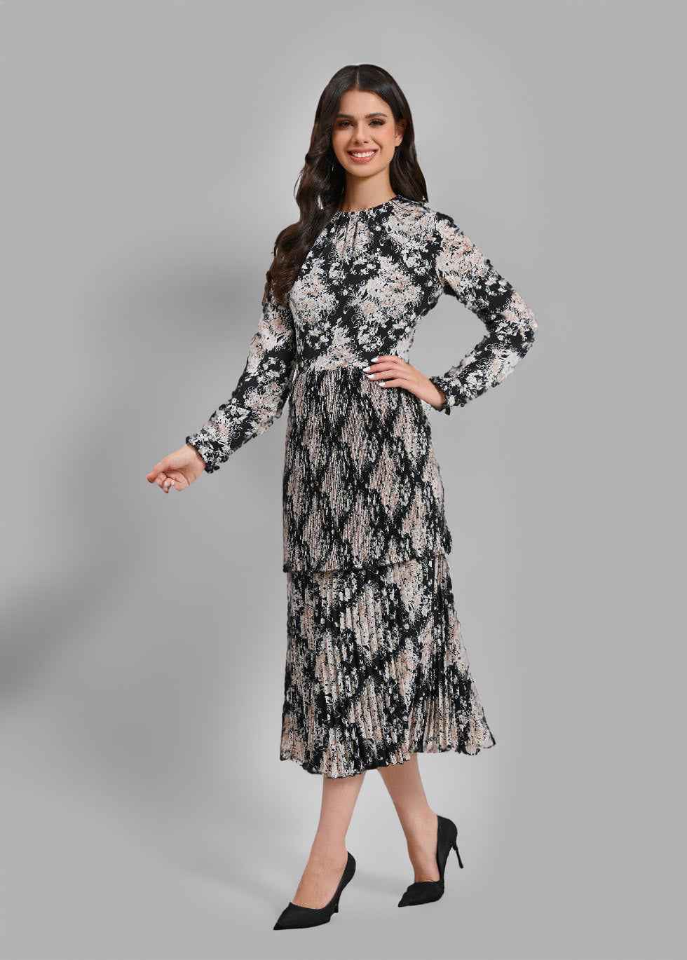 Monochrome Meadow Ruffle Dress