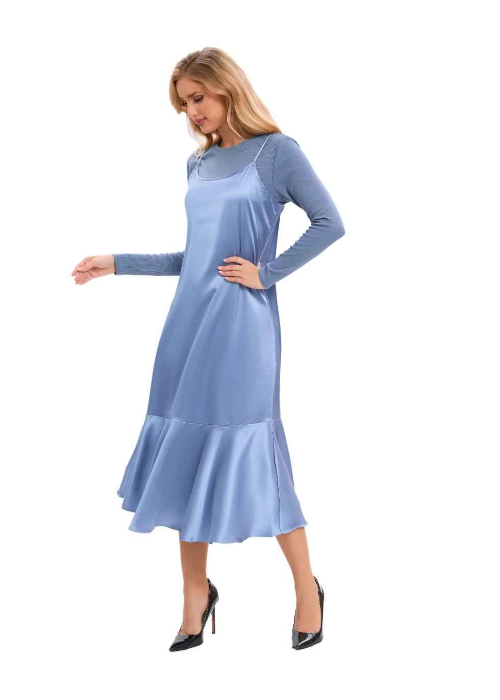 Satin Blue Midi Slip Dress with Top