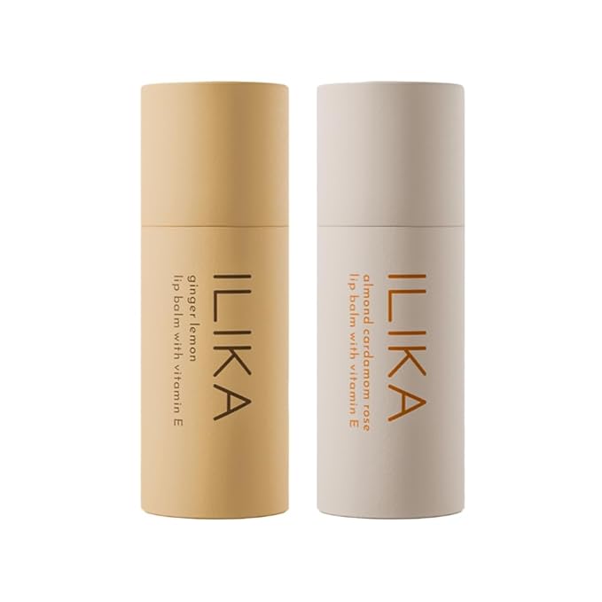 ILIKA Lip balm, Organic, 100% Plant-based, Natural Lip Treatment, COSMOS Certified Organic, PETA Certified Vegan & Cruelty-Free 2 Pack, Ginger Lemon & Almond Cardamom Rose - By Baano