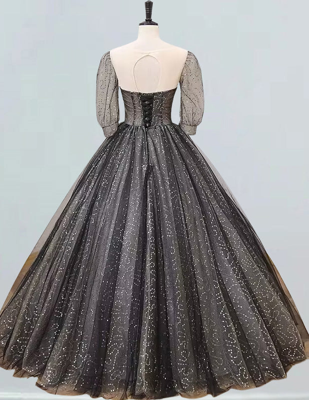Black scoop half sleeve lace ball gown floor length prom dress