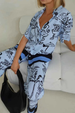 Printed Button Up Shirt and Pants Set Plus Size - By Baano