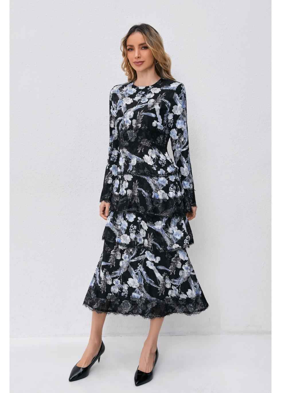 Noir Bloom Tiered Dress
