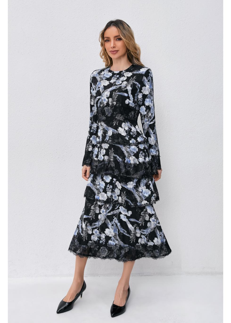 Noir Bloom Tiered Dress