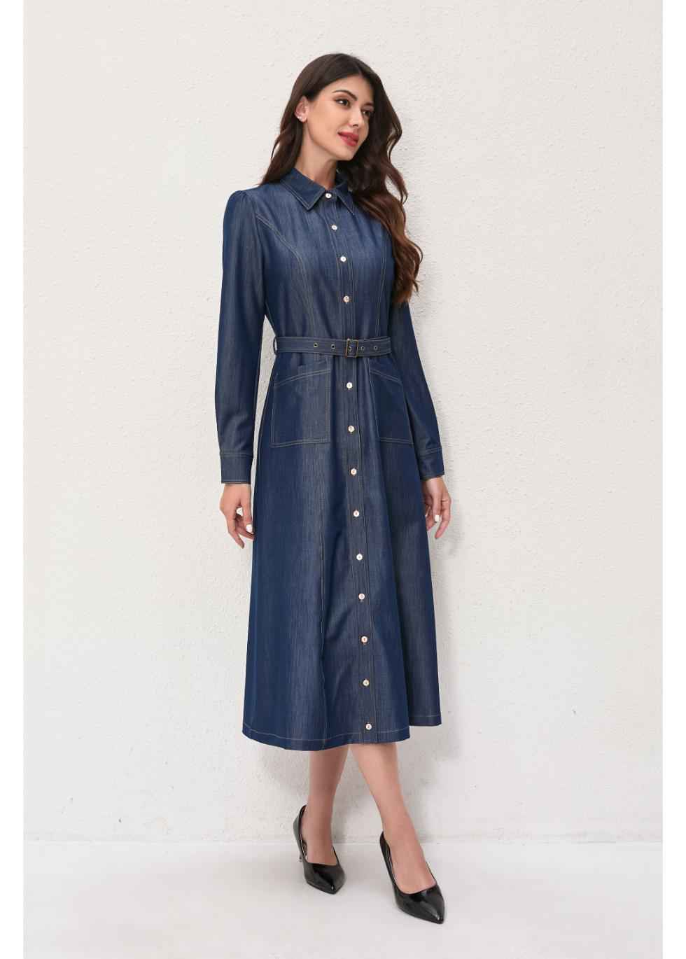 Denim Belted Midi Dress
