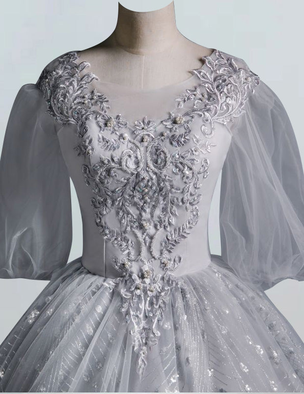 V-Neck Beaded Evening Ball Gown | Princess Prom Dress with Sleeves