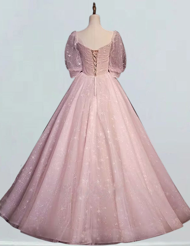 Pink v neck short sleeve long tulle ball gown prom dress evening party dress