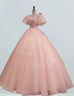 Pink Tulle Ball Gown Prom Dress | Puff Sleeves Beaded Scoop Bodice | Elegant Evening Wear
