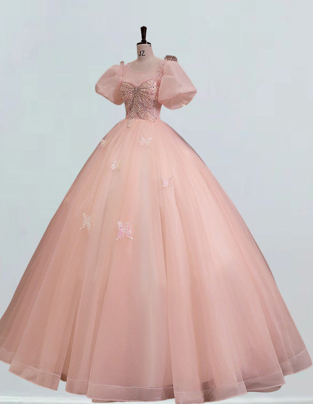 Pink Tulle Ball Gown Prom Dress | Puff Sleeves Beaded Scoop Bodice | Elegant Evening Wear