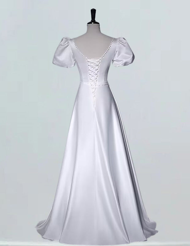 White cap sleeve pleated long prom dress