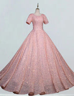 Plus Size Pink Sequin Prom Gown with Puffy Sleeves, Boat Neck, Elegant Evening Dress