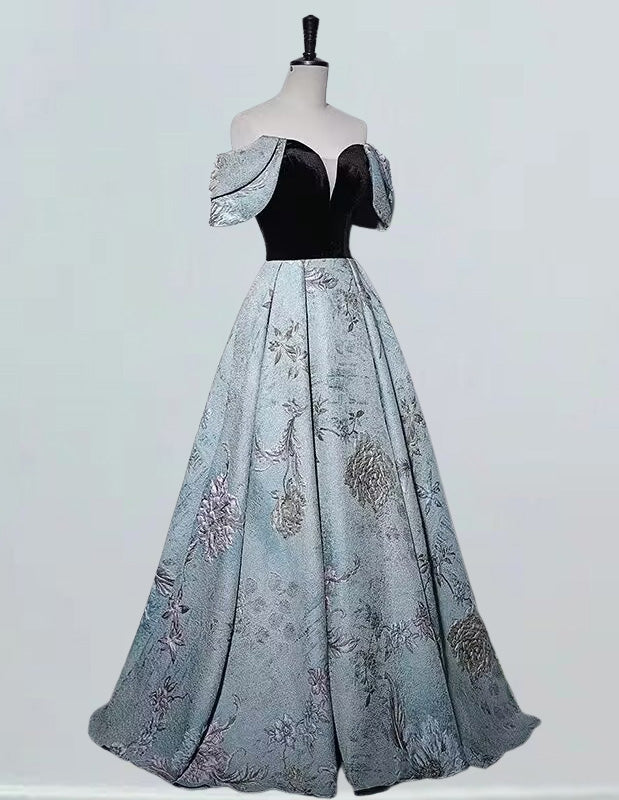 Blue off the shoulder long satin ball gown