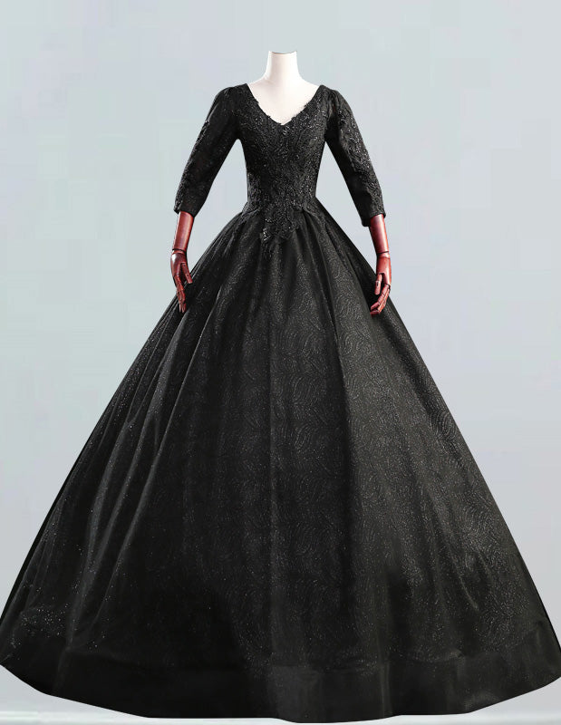 Elegant Black Satin Quinceanera Dress V-Neck Lace Applique Ball Gown