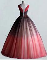 Elegant Red Tulle V-Neck Ball Gown | Beaded Floor-Length Evening Dress
