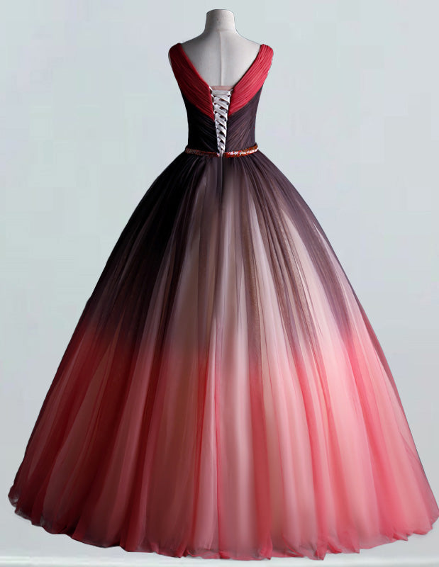 Elegant Red Tulle V-Neck Ball Gown | Beaded Floor-Length Evening Dress