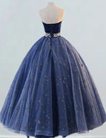 Strapless Navy Velvet Ball Gown | Pearl Accents Prom & Evening Dress