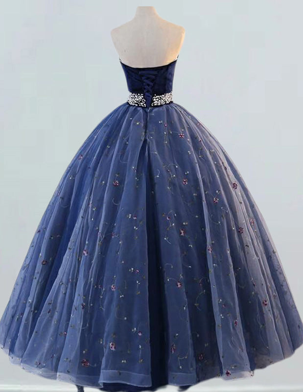 Strapless Navy Velvet Ball Gown | Pearl Accents Prom & Evening Dress