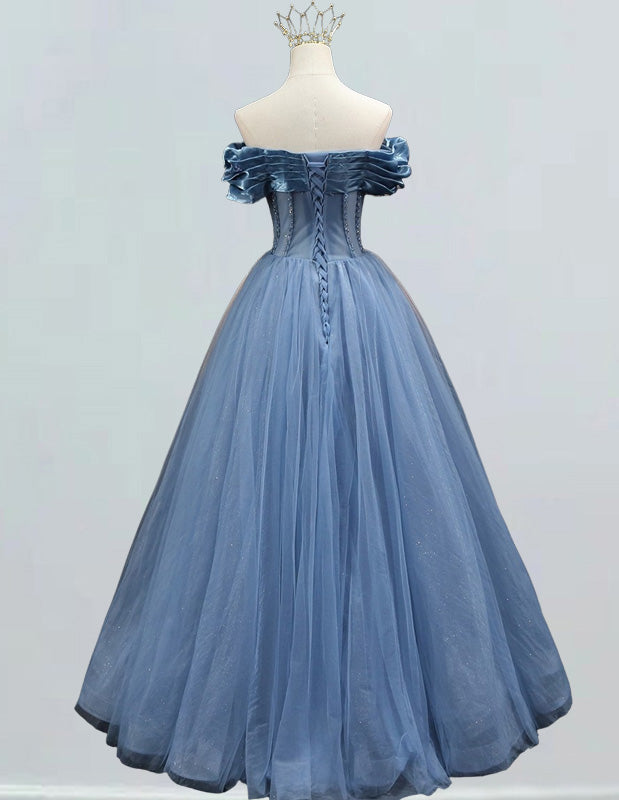 Women's Off-Shoulder Tulle Prom Dress Beaded Pleats Ball Gown Evening Wear