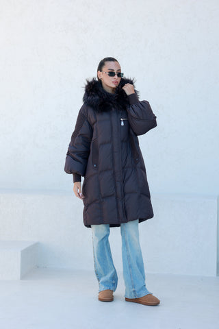 Dakota Genuine Fur Trim Down Fill Coat in Fig