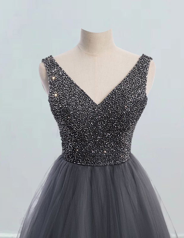 Women's Elegant V-Neck Tulle Prom Dress | Rhinestone Beaded Ball Gown