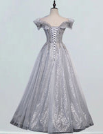 Silver grey off the shoulder long lace prom gown evening dress