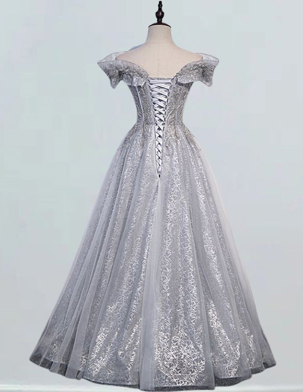 Silver grey off the shoulder long lace prom gown evening dress