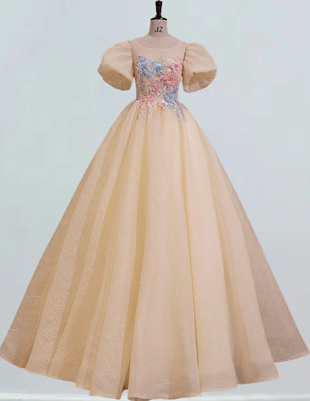 Women's Lace Applique Puff Sleeve Prom Gown | Scoop Neck Evening Dress