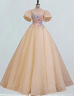 Women's Lace Applique Puff Sleeve Prom Gown | Scoop Neck Evening Dress