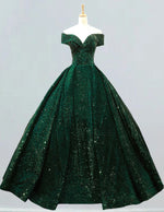 Dark green off the shoulder velvet sequin long train prom dress ball gown plus size wedding gown