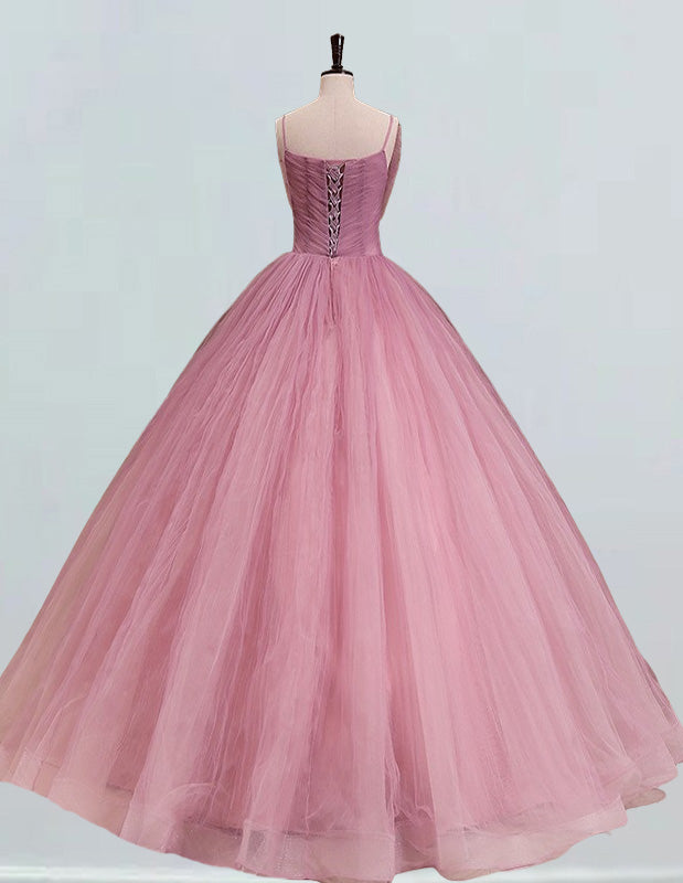 Girls' Strapless Tulle Quinceanera Dress Beaded Lace Applique Ball Gown