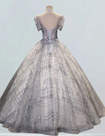 Elegant Grey Tulle Prom Dress with High Collar & Lace Applique | Girls' Formal Evening Gown