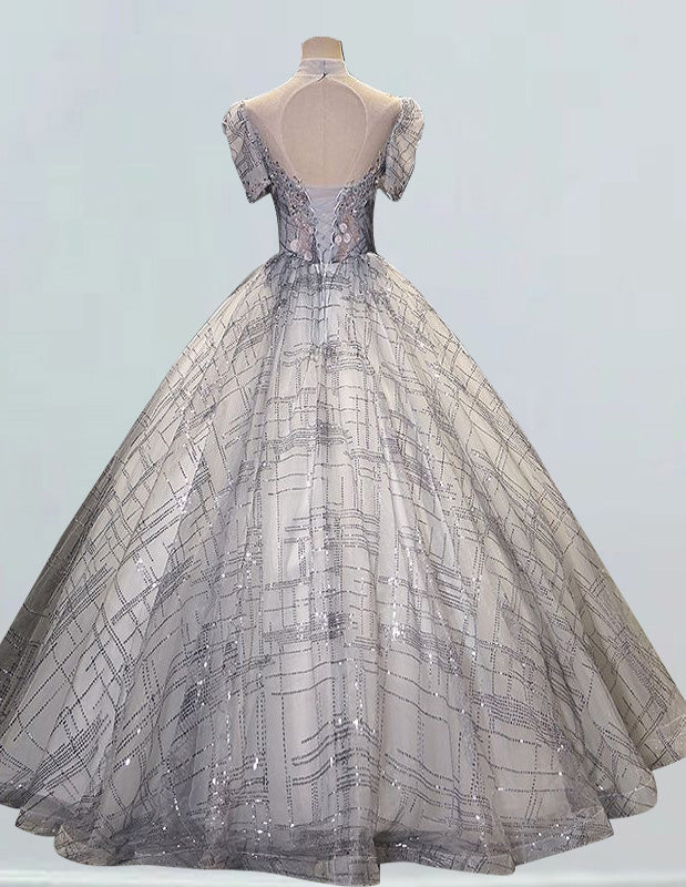 Elegant Grey Tulle Prom Dress with High Collar & Lace Applique | Girls' Formal Evening Gown