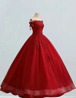 Red off the shoulder lace applique prom dress ball gown crystal beaded rhinestone long tulle evening party gown