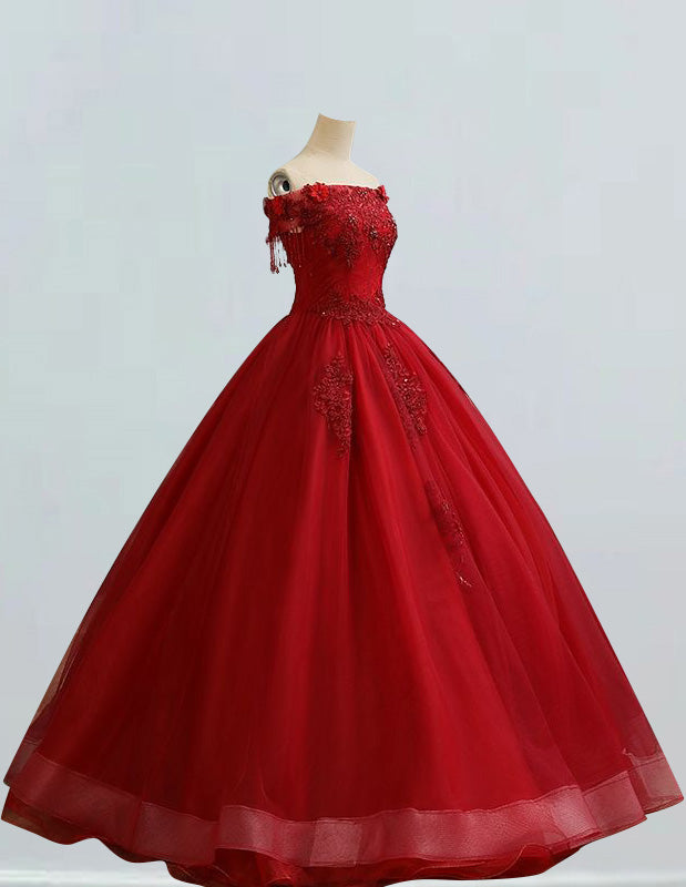 Red off the shoulder lace applique prom dress ball gown crystal beaded rhinestone long tulle evening party gown