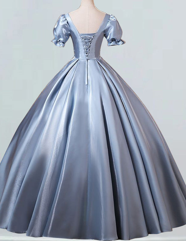 Women's Elegant Blue Lace Applique Prom Dress with Pockets & Short Sleeves