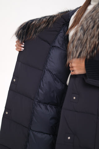 Rei Genuine Fur Trim Hooded Down Coat in Navy - By Baano