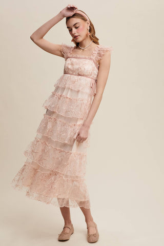 Delicate Floral Embroidered Lace Maxi Dress: Mute Pink