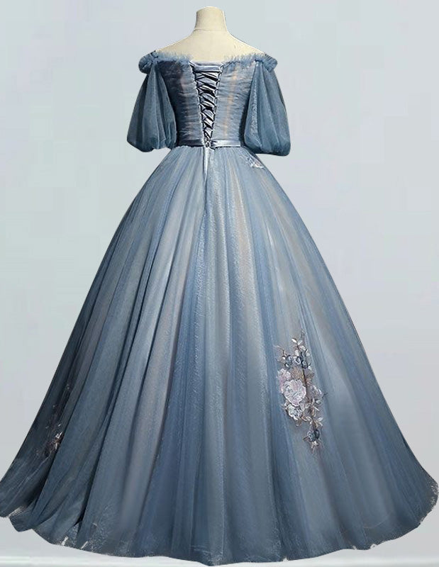 Airy blue a line off the shoulder lace applique bridal ball gown short sleeve evening prom party dress