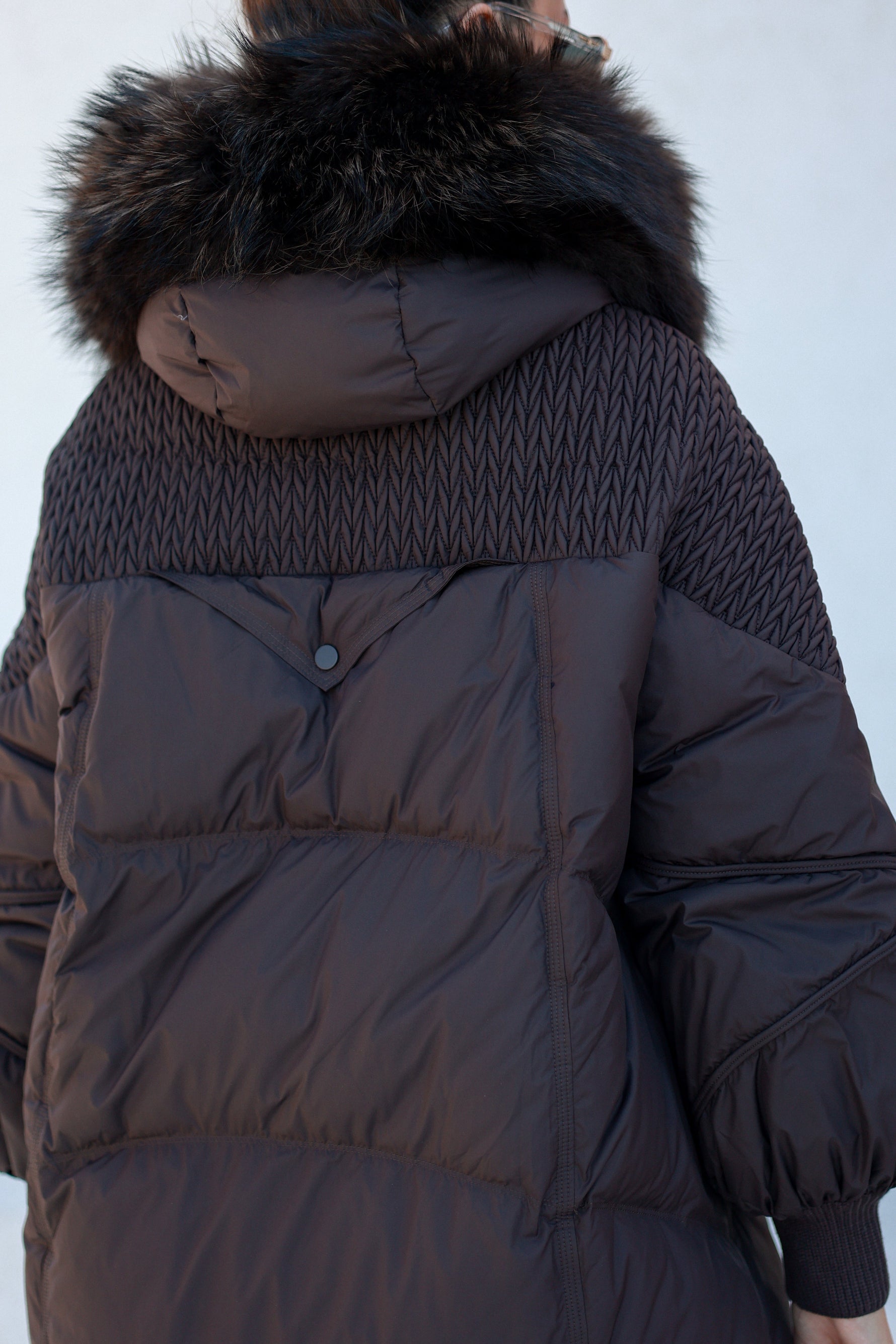 Dakota Genuine Fur Trim Down Fill Coat in Chocolate