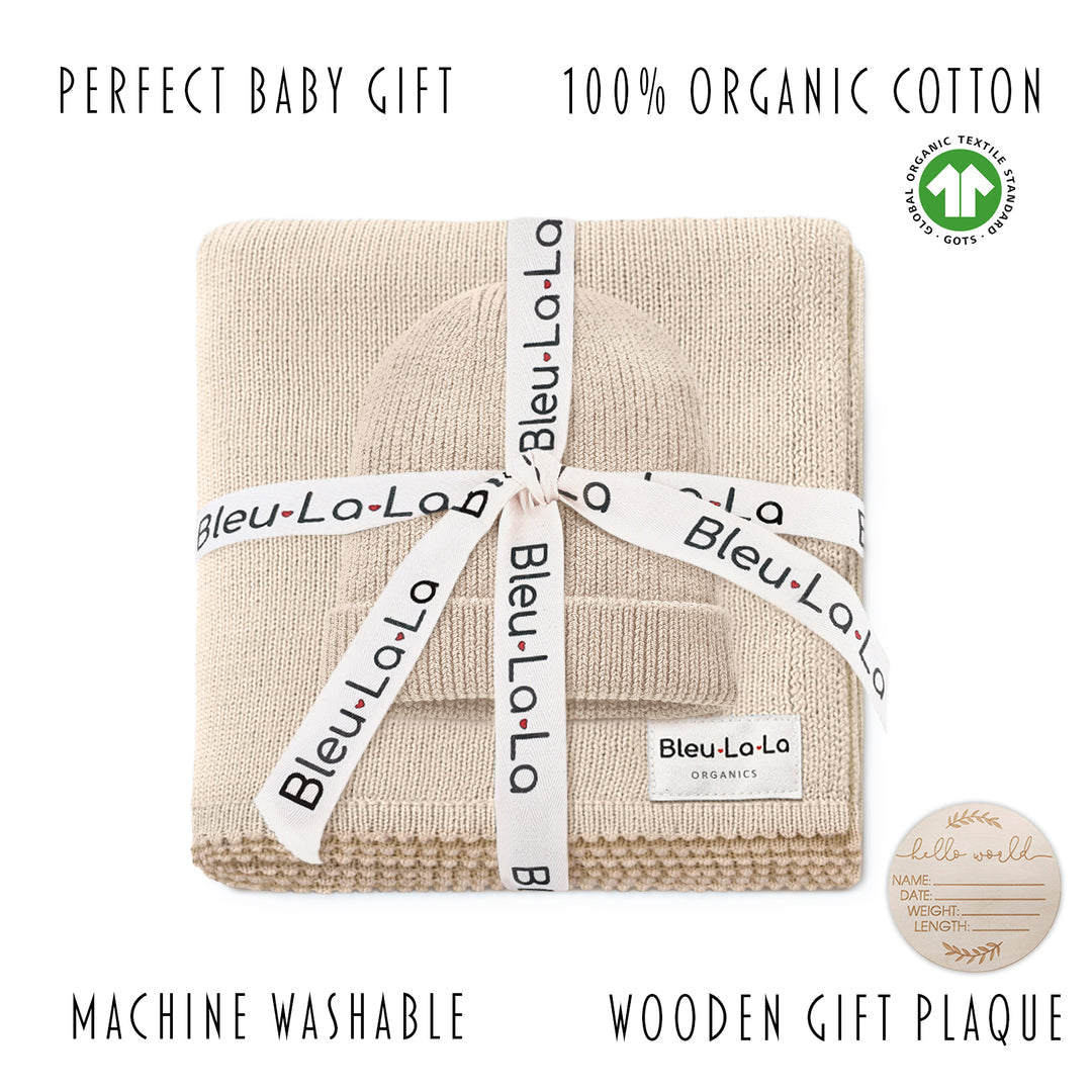 Luxe Collection 100% Organic Cotton Luxury Knit Baby Blanket + Hat Set with Gift Box Bleu La La