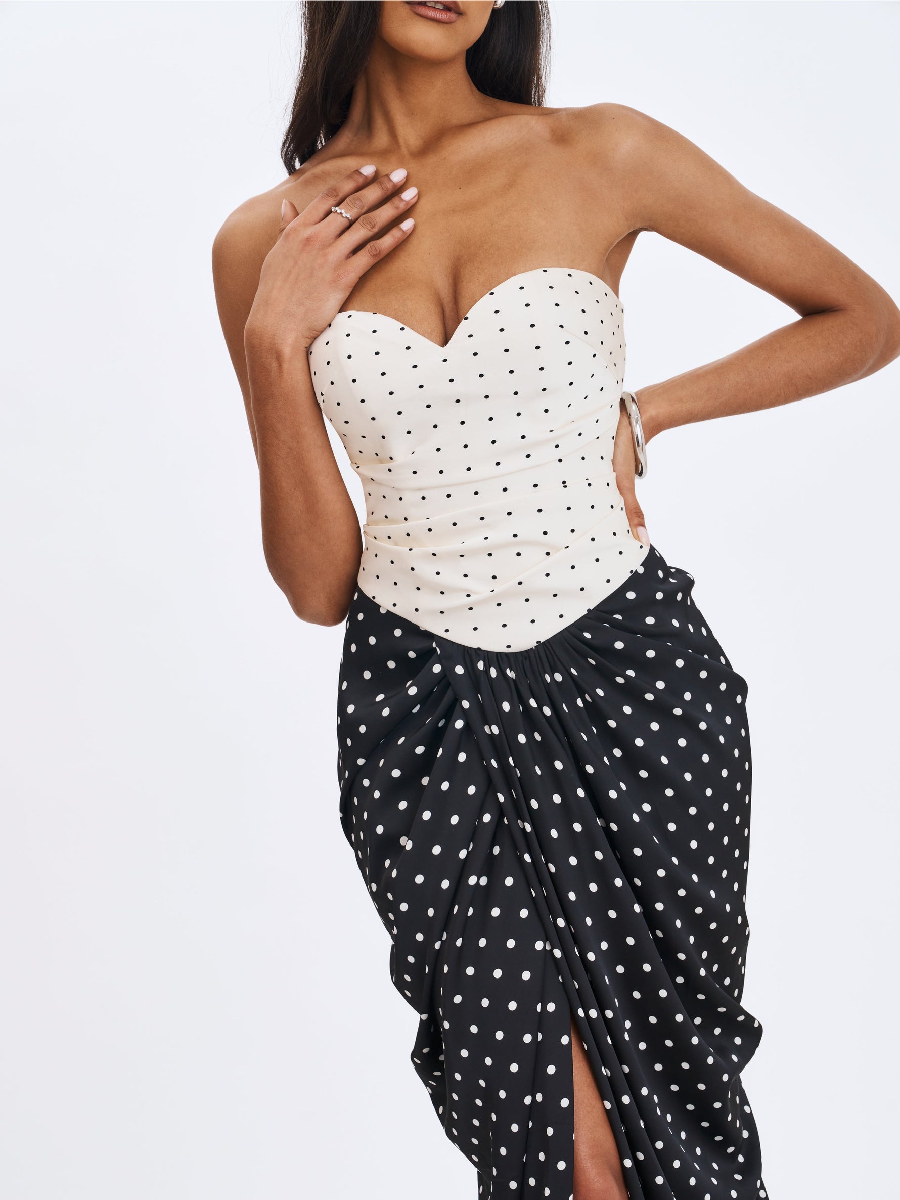 Tamryn Black & White Polka Dot Sweetheart Maxi Dress