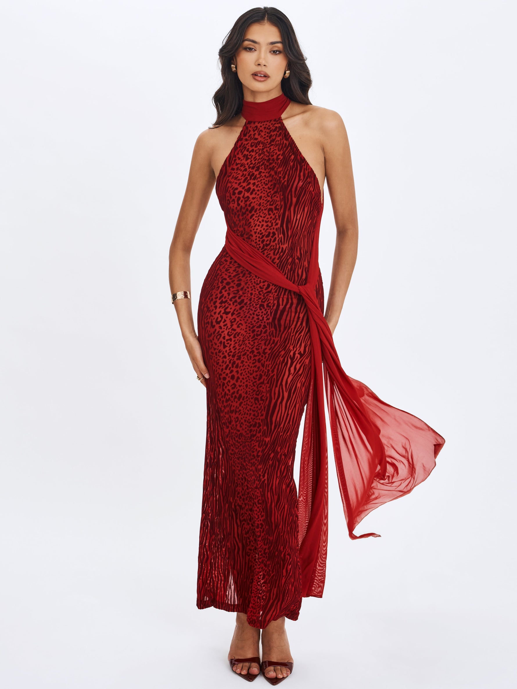 Cerise Scarlet Burnout Velvet Multiwear Mesh Ribbon Maxi Dress