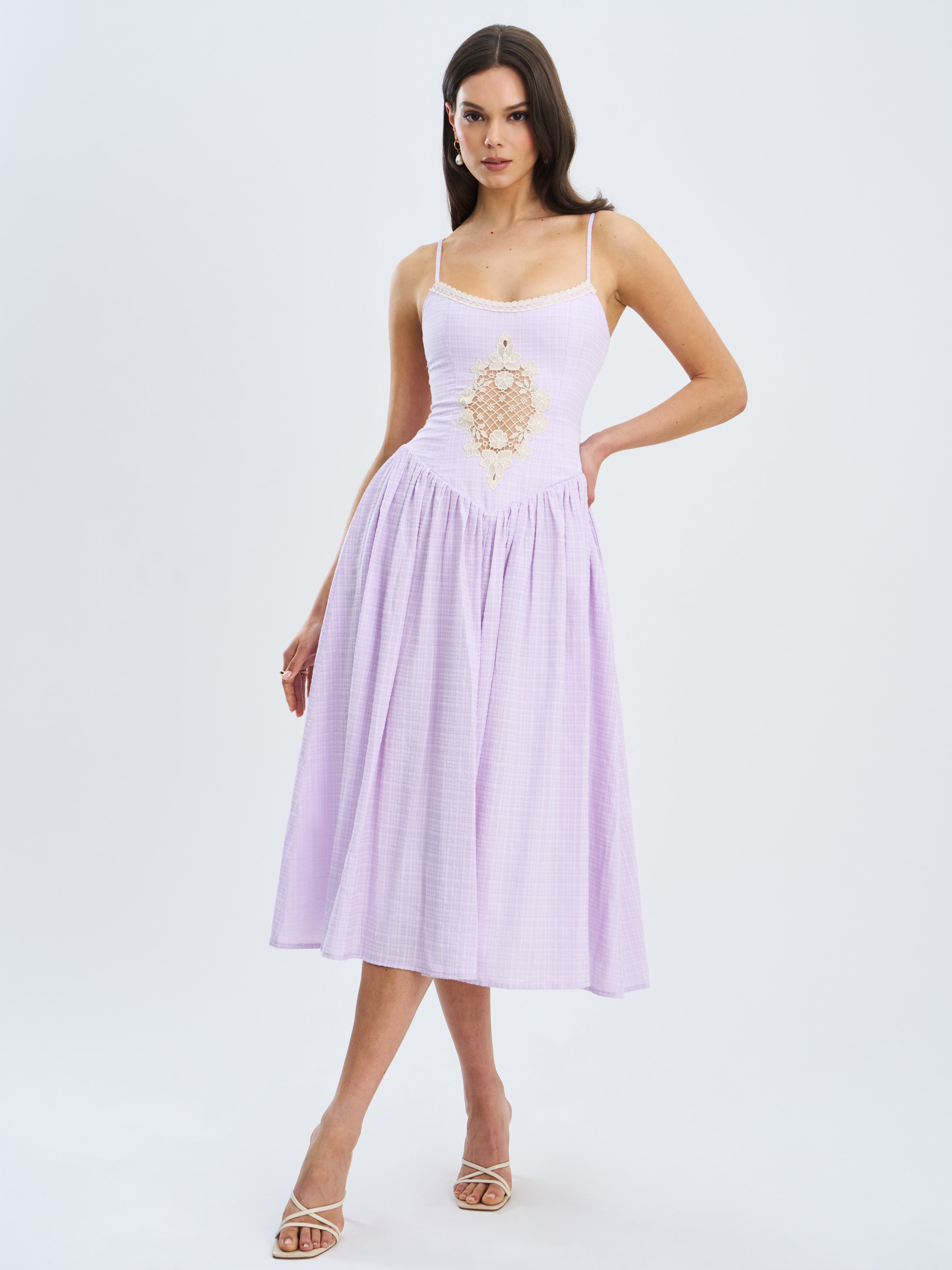 Jaclyn Lavender Lace Trim Cutout Seersucker Midi Dress