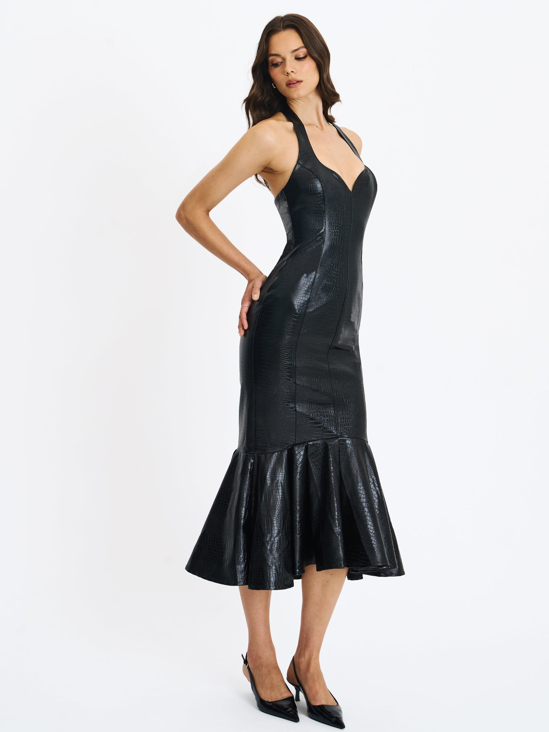 Gardenia Black Leather Midi Sweetheart Halter Flared Dress