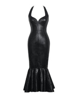 Gardenia Black Leather Midi Sweetheart Halter Flared Dress
