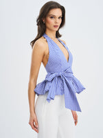 Ilene Blue and White Checkered Bubble Hem Halter Top Miss Circle