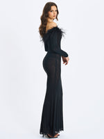 Emberly Black Fur Trimmed Off-Shoulder Rhinestone Mermaid Maxi Dress Miss Circle