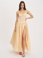 Ulissa Orange Square Neck Jacquard Textured High Slit Maxi Dress Miss Circle