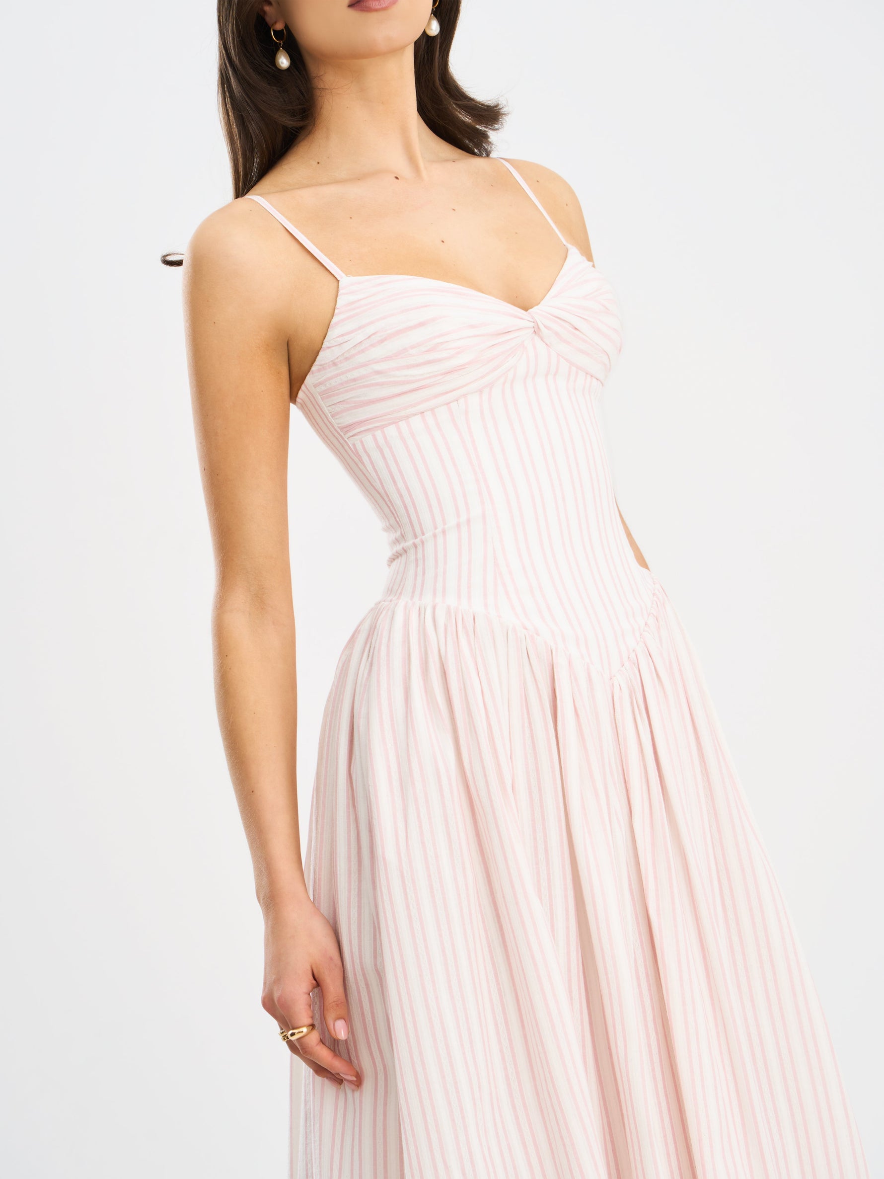 Zania Pink Stripe Ruched Breast Cotton Jacquard Midi Dress Miss Circle